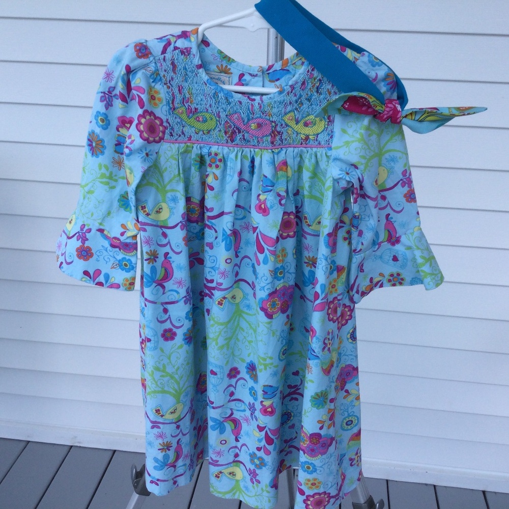 Marmellata Smocked Dress, Toddler, 4T, Blue Figured Birdswith matching Headband.